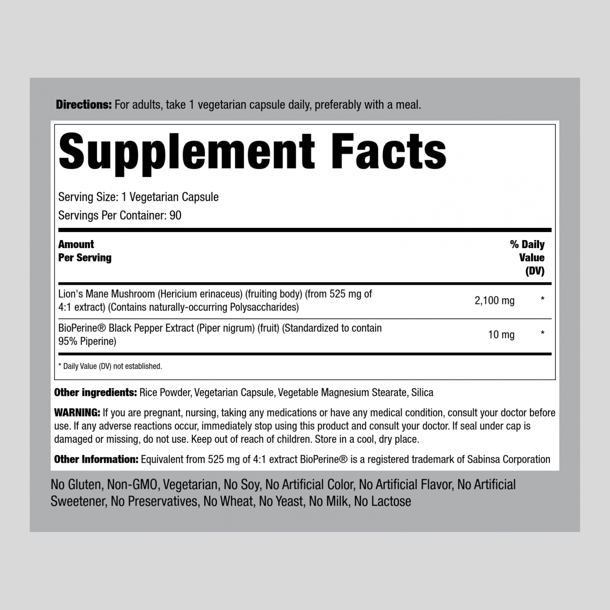 Super Lion's Mane Mushroom, 2100 mg, 90 Vegetarian Capsules Supplement Facts