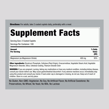 Magnesium Citrate, 400 mg (per serving), 200 Coated Caplets